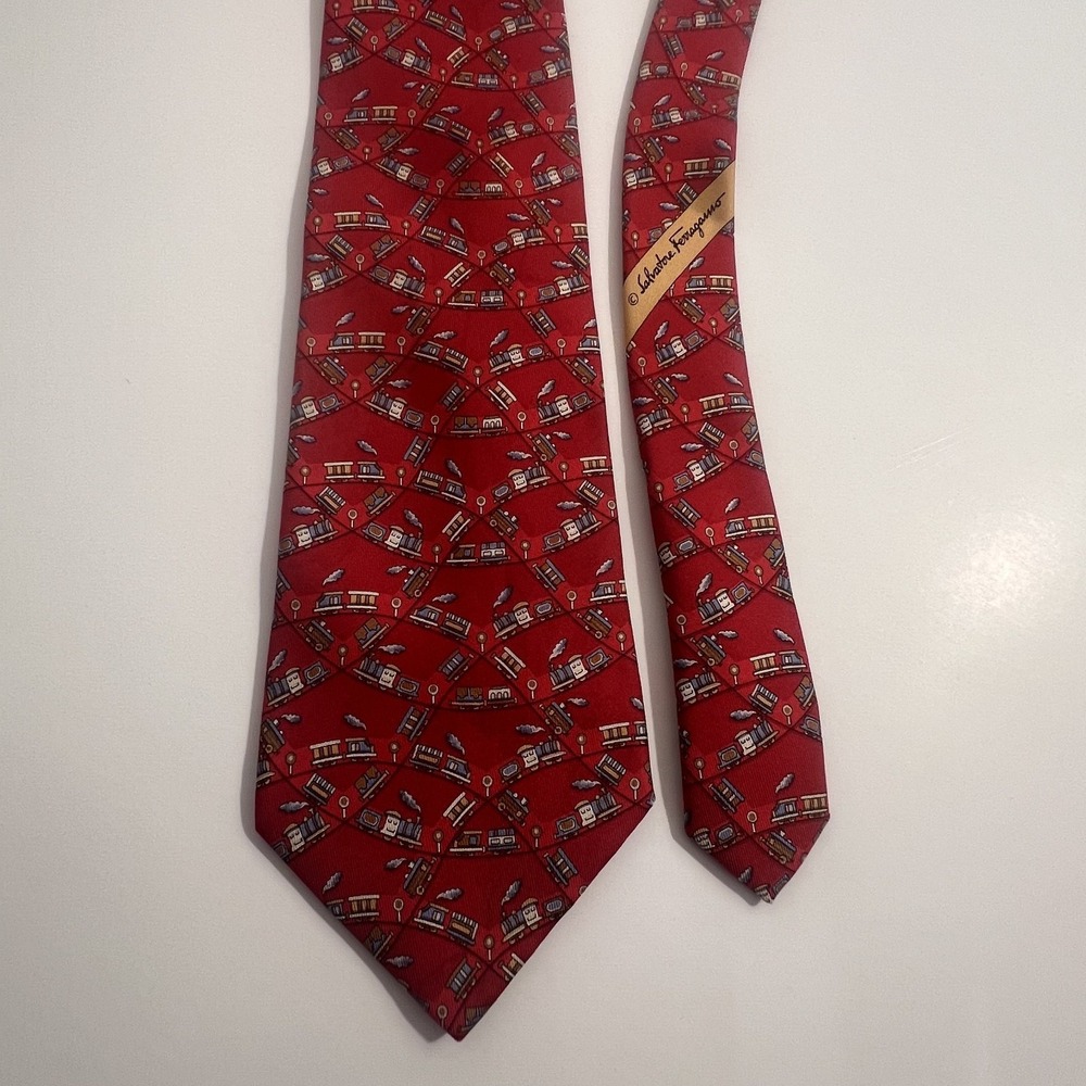 Salvatore Ferragamo Silk Designer Necktie Trains & Tracks Pattern Red Men's Tie